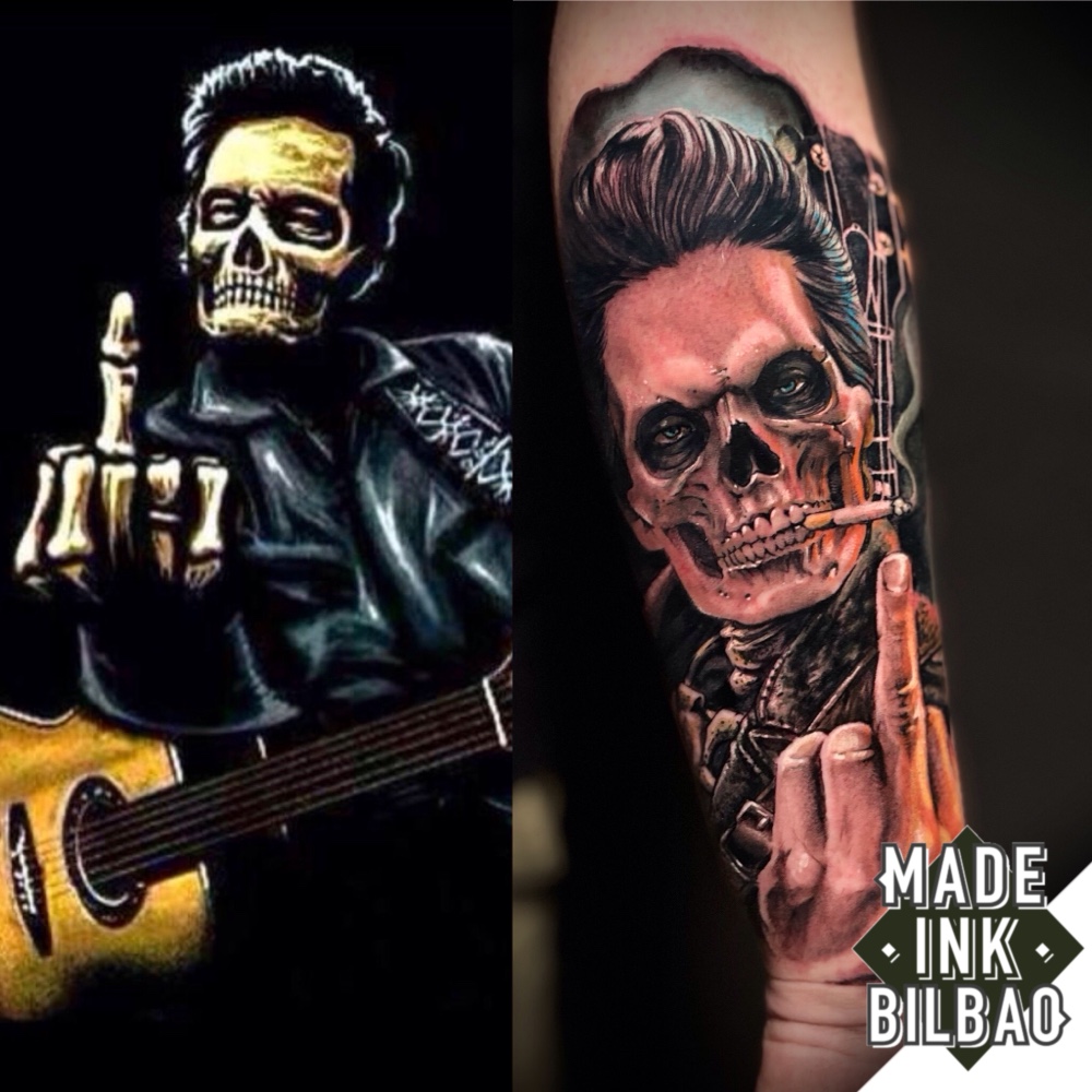 tatuaje antebrazo calavera mano guitarra